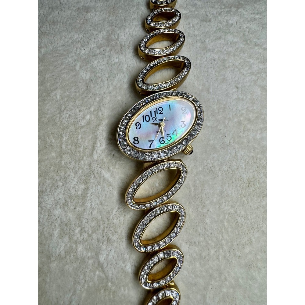 Xanadu Gold Tone Mother of Pearl Dial Crystal Oval Link Bracelet Analog Watch 8"